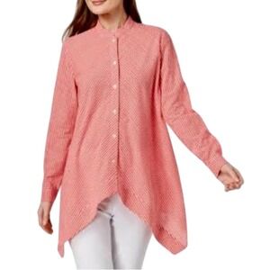 Anne Klein Red Gingham Checkered Button Down Long Sleeve Trapeze Tunic Top‎